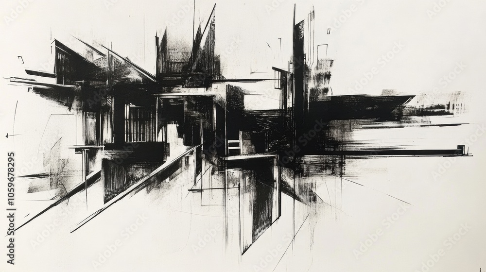 Poster Dynamic lines and shapes interweave to portray an abstract urban scene, evoking a sense of movement and depth. Generative AI