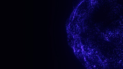 Dark abstract hi-tech background 16:9 8K, copy space. Sci-fi sphere of small glowing purple pixel shape particles on black backdrop. Space futuristic illustration. Bundle of energy, splash, explosion