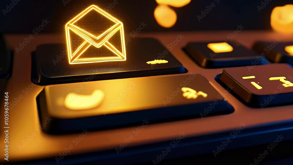 Poster close-up of a computer keyboard with a glowing email icon.