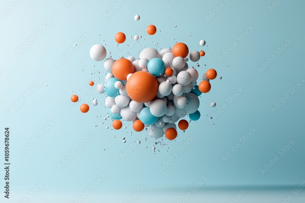 Poster A captivating cluster of colored spheres appears to float in mid-air, offering a visual exploration of motion and spatial arrangement in an artistic context.