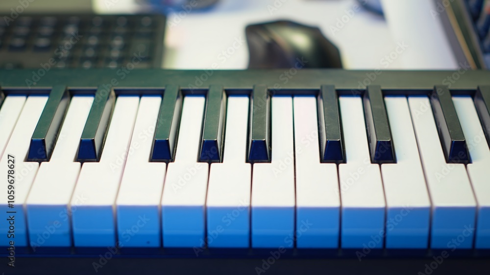 Poster electronic piano keyboard with mixing console at home studio used for producing tunes and soundtrack