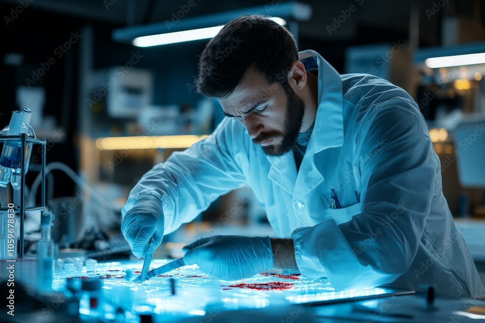 Poster a scientist intently examines samples on a lighted table in a laboratory setting, highlighting preci