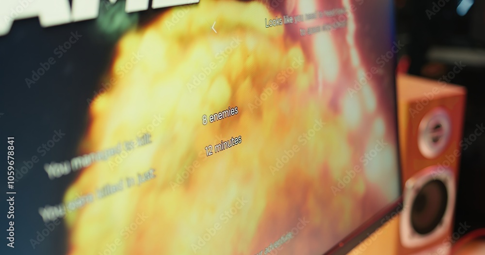 Aufkleber man shoots asteroids in spaceship flying singleplayer game on gaming pc with overlay hud showing hea