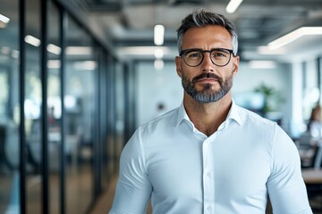 Obraz premium A determined executive stands in a contemporary open office, exuding confidence and focus, embodying leadership and motivation. The sleek setting complements his demeanor.