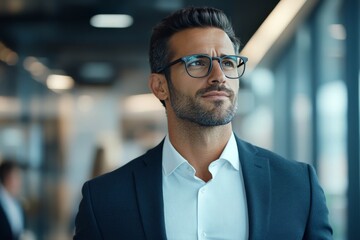 Fototapeta premium A stylish man in a suit and glasses stands in a sleek office environment, embodying professionalism, confidence, and a sense of purpose, looking thoughtfully ahead.