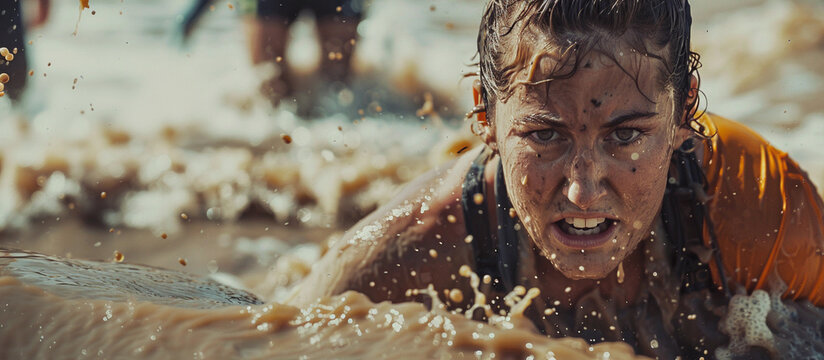 A woman crawling through muddy dirty water in a hard competition triathlon