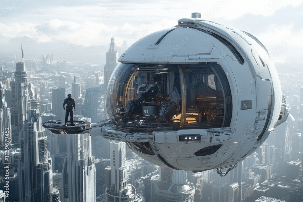 Poster a futuristic cityscape featuring a hovering spherical vehicle with a person standing outside, showca