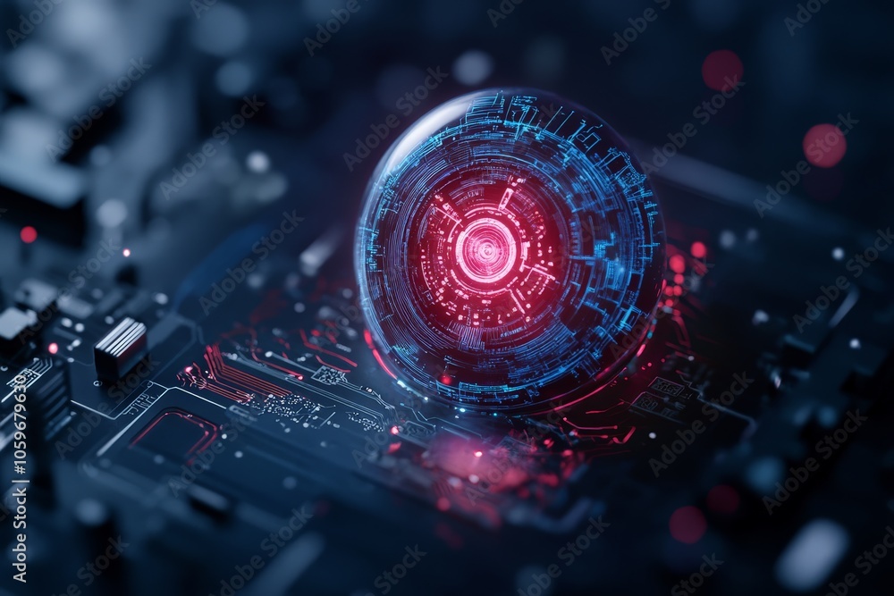 Aufkleber a spherical digital core design is shown with red glowing circuits, depicting technological innovati