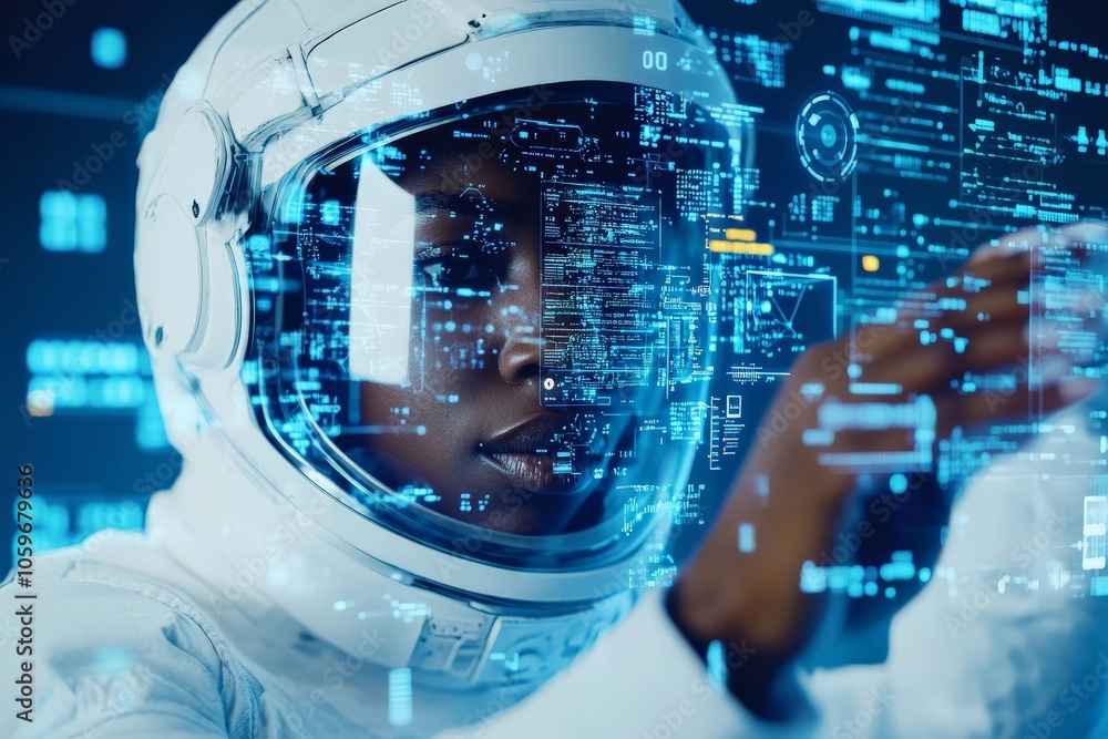Poster a close-up view of an astronaut's face inside a helmet, hands manipulating intricate digital control