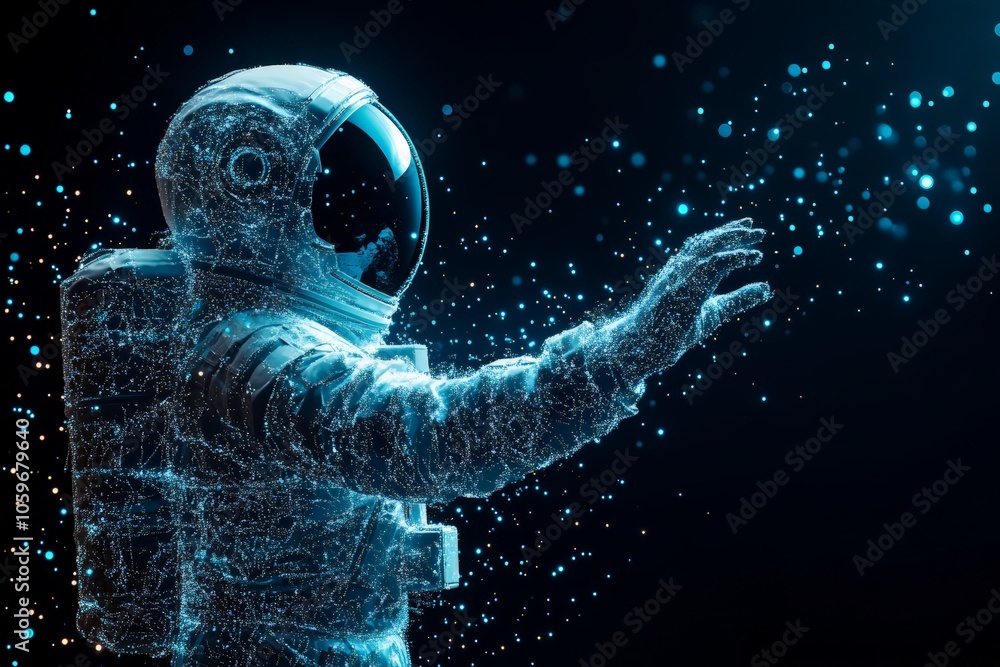 Poster a digitally rendered hologram of an astronaut floats in the dark void of space, surrounded by shimme