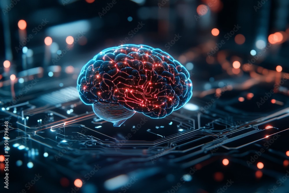 Poster this image shows a digital brain representation, glowing with red and blue light, on a futuristic ci