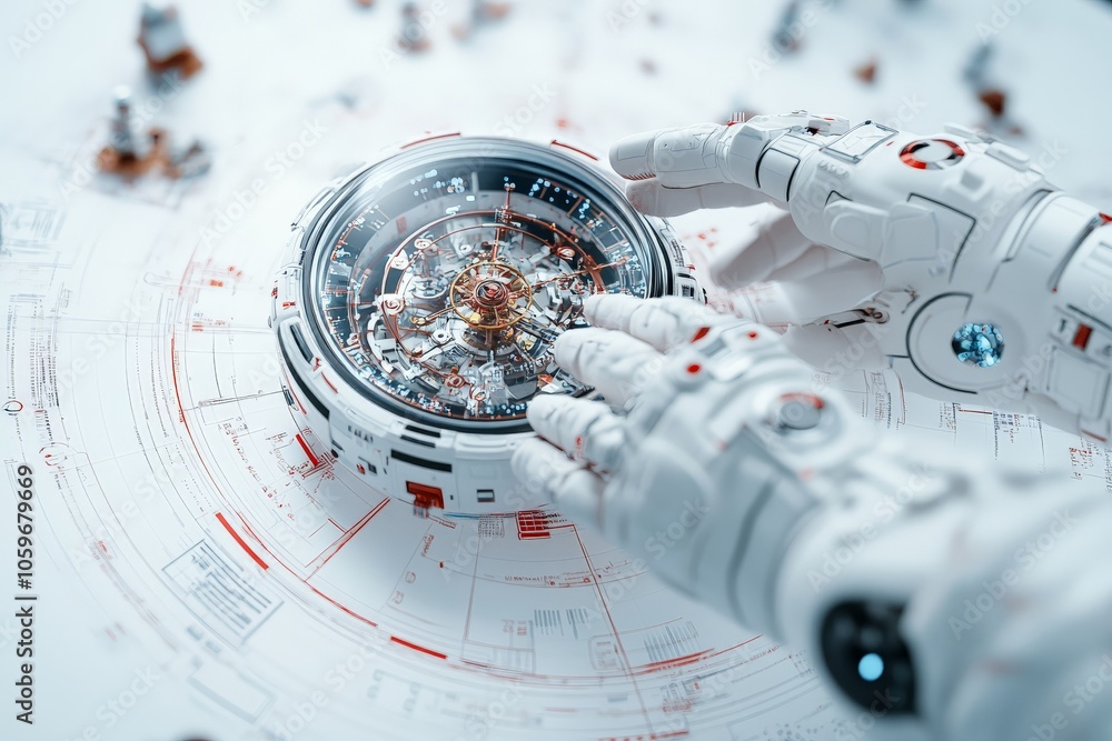 Poster a pair of robotic hands working on a complex circular gear mechanism, showcasing advanced engineerin