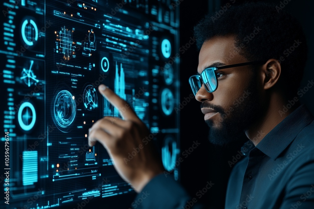 Poster a person wearing glasses intently operates a digital interface, representing modern analytics and fu