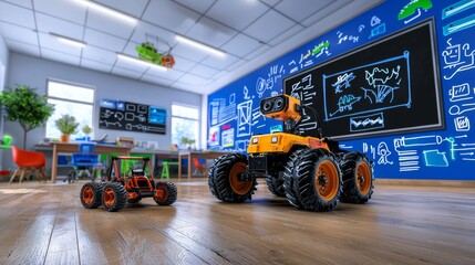 Robotics and VR Integration in STEM Education, advanced technology setup showcasing robotics tools and virtual reality headsets in an engaging classroom environment