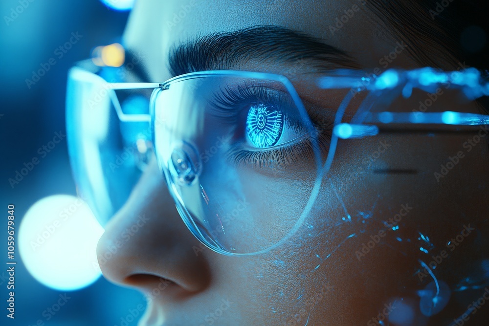 Poster modern glasses featuring a digital interface provide augmented vision, blending contemporary style w
