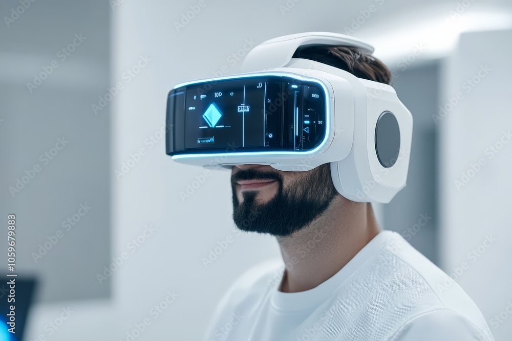 Poster a man immersed in a virtual reality experience by wearing an advanced vr headset, demonstrating the 