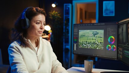 Video editor polishing raw footage, applying modern editing techniques in order to enhance sound and visual quality. Videographer adjusting clips while listening music in headphones, camera B