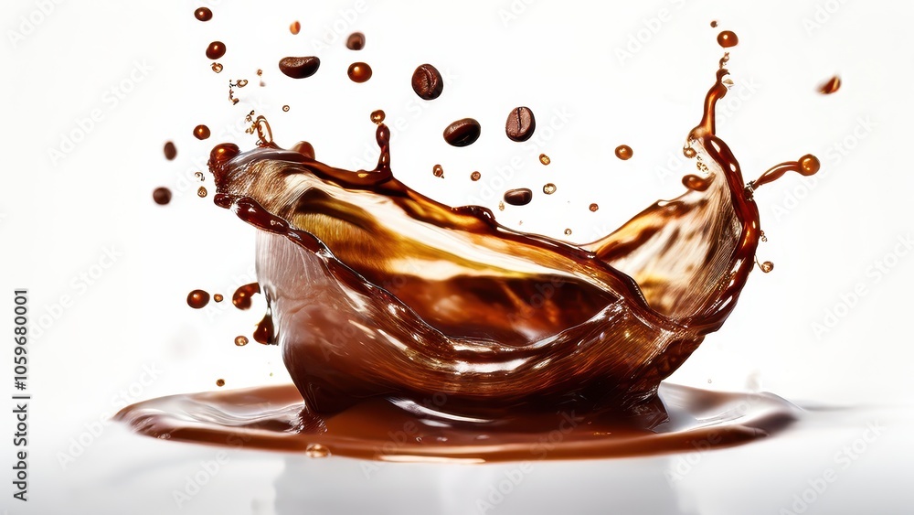 Poster a dynamic splash of coffee with beans, capturing motion and richness.
