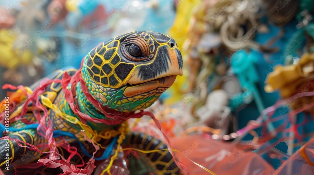 Poster a closeup of a display on the impact of plastic pollution in the ocean featuring a model of a turtle
