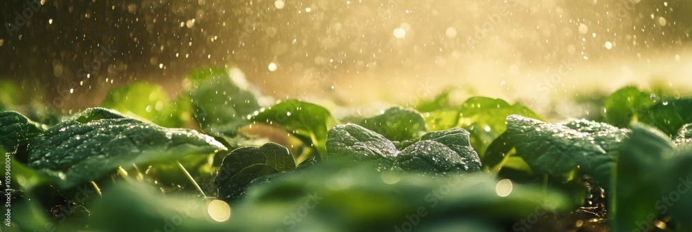 Aufkleber light rain refreshes a vegetable garden, while droplets sparkle on the vibrant leaves, creating a se