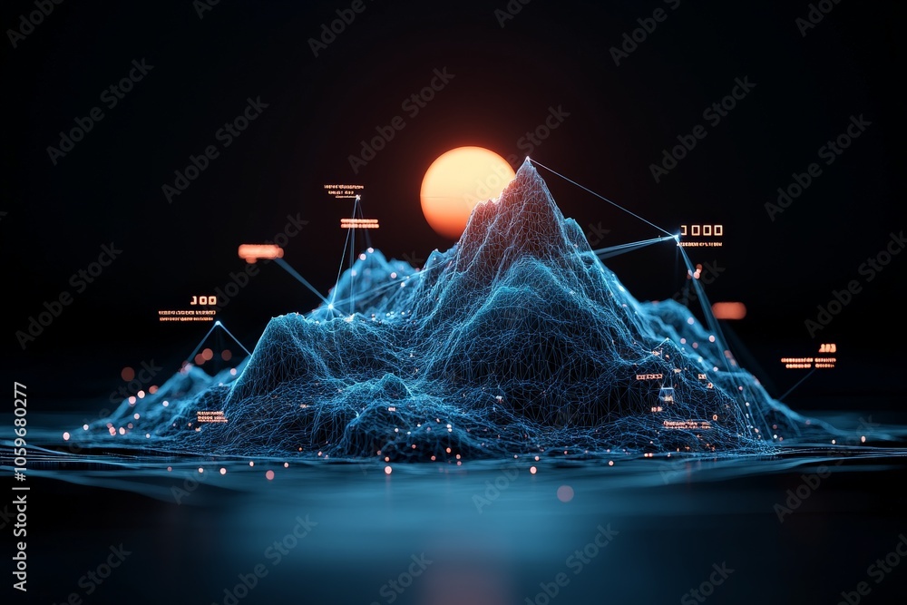 Aufkleber an abstract depiction of mesh mountains accompanied by a digital orange sun, featuring interconnecte