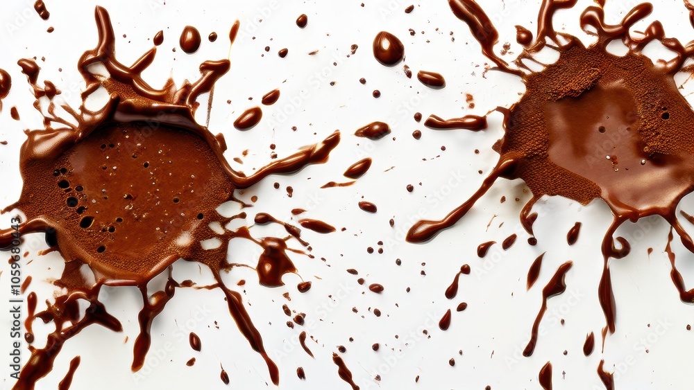 Poster a dynamic splash of chocolate on a white surface, showcasing texture and movement.