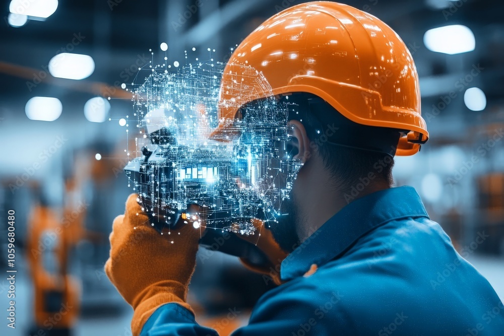 Poster an engineer wearing a hard hat interacts with an augmented reality display in an industrial environm