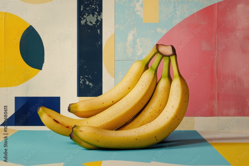 Aufkleber fresh bananas are arranged on a colorful abstract background featuring bold geometric shapes and con
