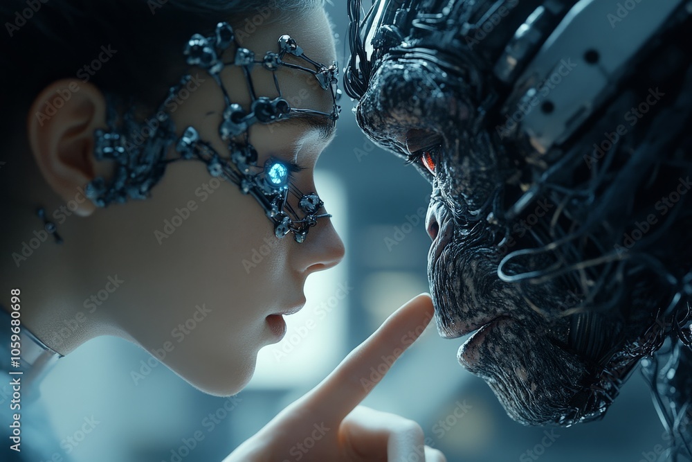 Poster a futuristic scene showing a human with cybernetic enhancements intensely interacting with a robotic