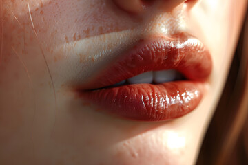 Fototapeta premium Close-up of a young woman's lips with a glossy finish, capturing intricate details and natural beauty.