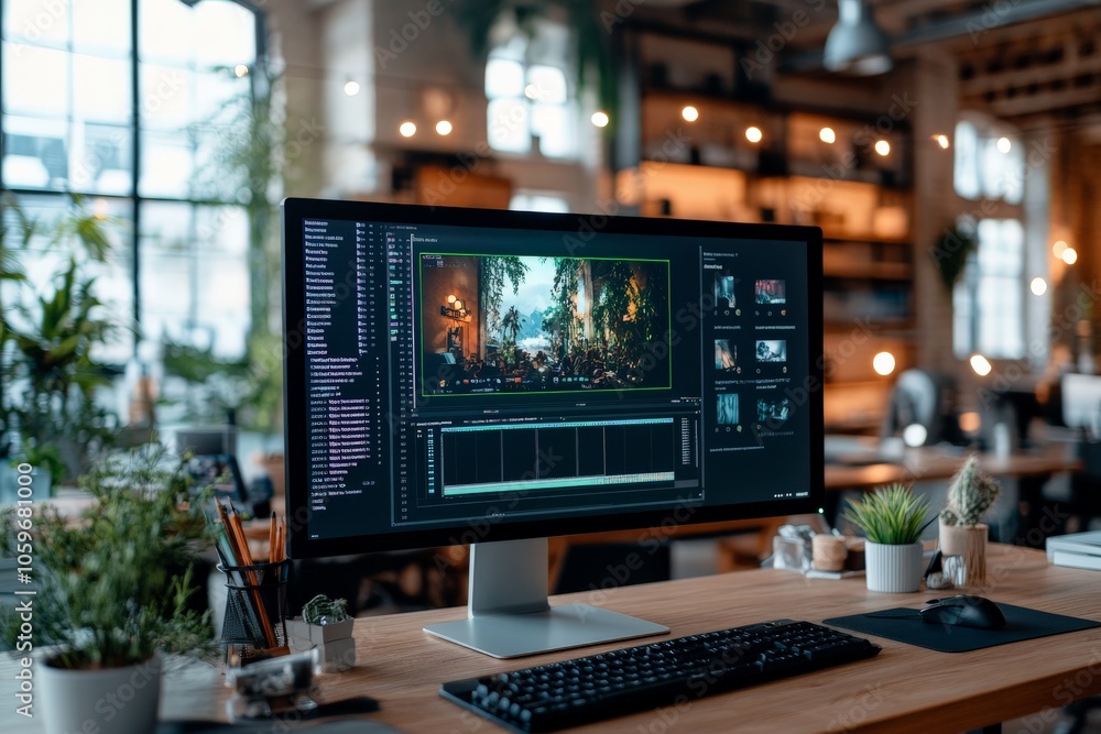 Poster inside a creative studio, a computer displays an intricate artwork editing interface surrounded by p