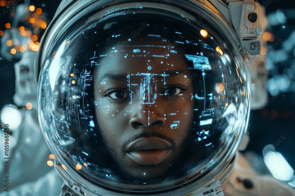 Poster a young astronaut in a spacesuit viewed through a digital display on the helmet visor, symbolizing h