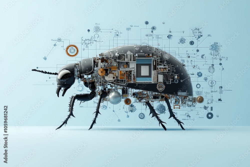 Poster a detailed mechanical insect robot showcases complex gears, circuits, and engineering, symbolizing r