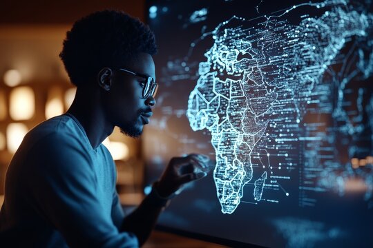 A person focuses on a high-tech digital map of Africa, symbolizing technological advancement, strategic thinking, and the power of information in our digital age.