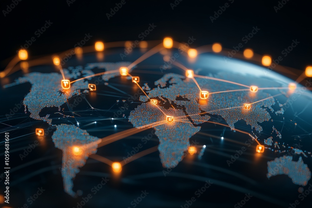 Poster a futuristic diagram illustrating global digital connectivity, showcasing interconnected networks ac