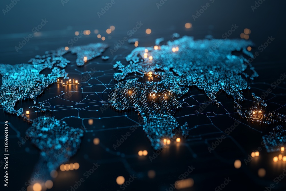 Poster an illuminated digital map with highlighted nodes and lines symbolizing global data networks and con