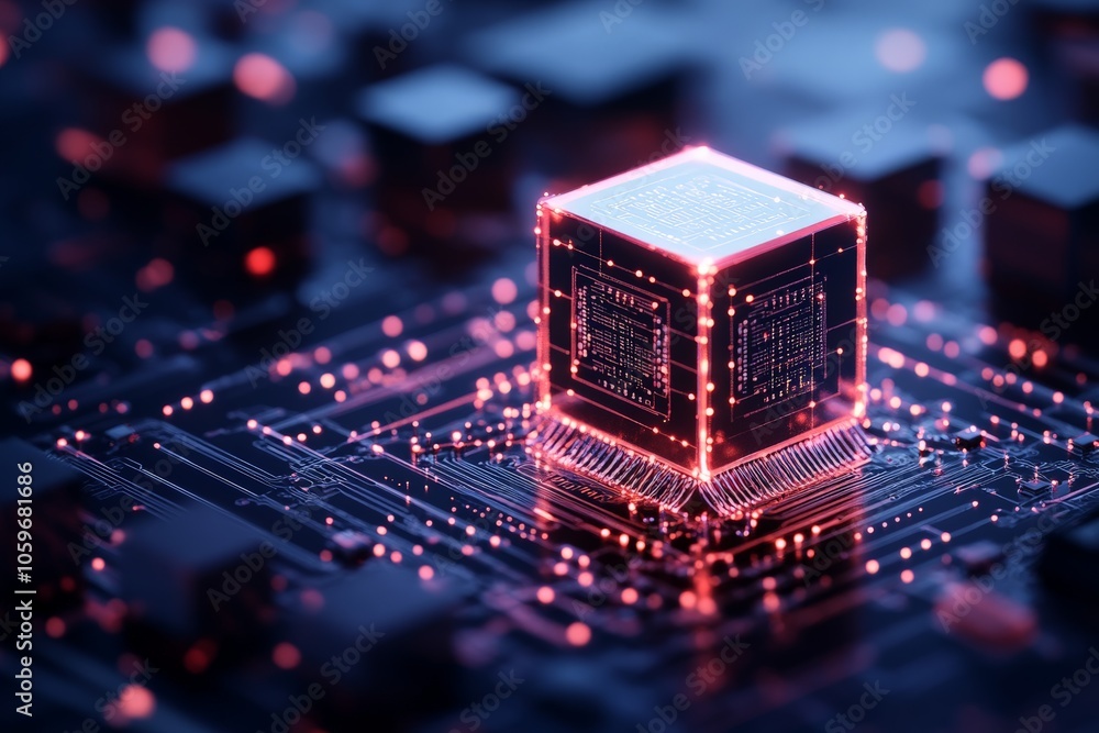 Poster a high-tech, glowing ai chip at the heart of a digital circuit, representing modern technology and i