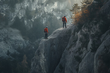 Couple of friends rock climbing for adventure, travel with space for text