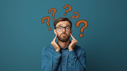 Portrait of a thoughtful man with glasses wearing a denim shirt, surrounded by illustrated question marks on a blue background, representing curiosity or confusion.