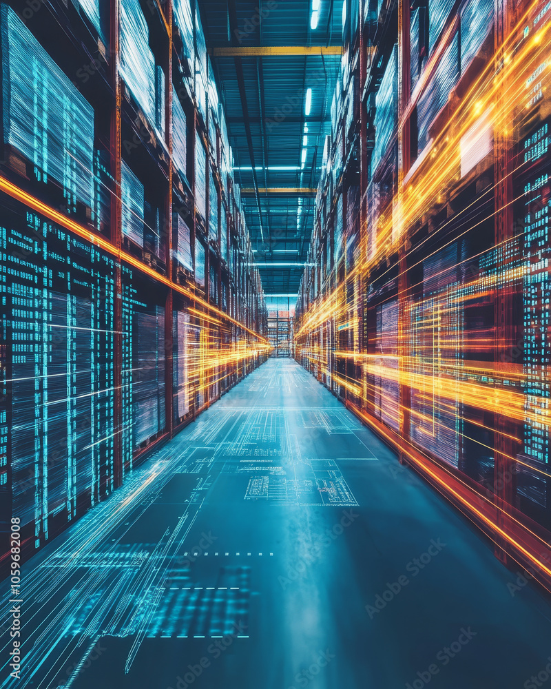 Poster digital inventory management system in fast paced warehouse environment, showcasing vibrant data str