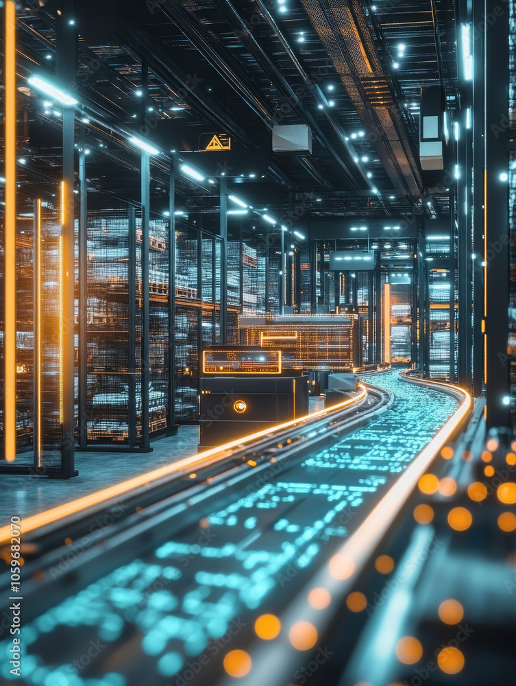 Poster high tech warehouse featuring digital sorting and packing systems, illuminated by vibrant lights. ad