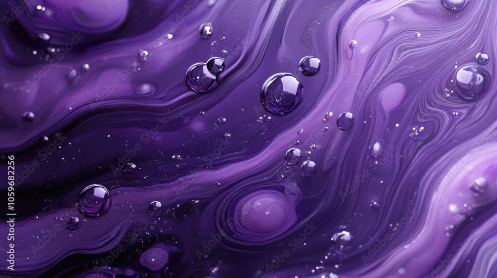 Poster monochromatic violet waves and bubbles create a fluid art effect showcasing a marbled background or 