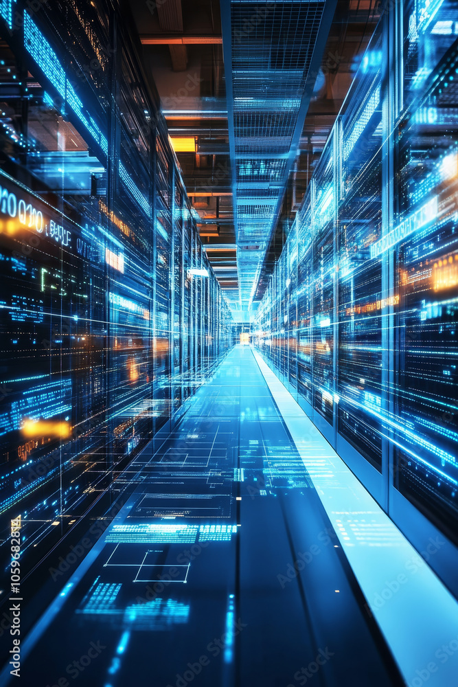 Poster modern warehouse showcasing digital automation technology with illuminated data pathways and high te