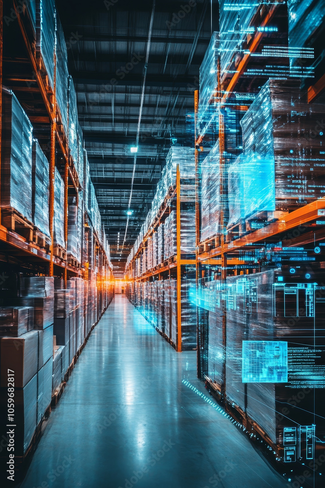 Aufkleber modern warehouse showcasing digital automation and efficiency, featuring organized shelves filled wi