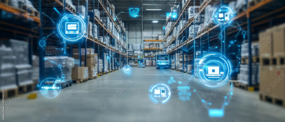 Poster modern warehouse showcasing digital tracking systems with inventory management, automated processes,