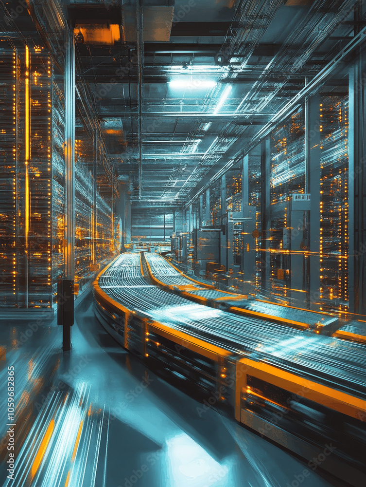Poster modern warehouse featuring digital sorting system in action, showcasing illuminated conveyor belts a