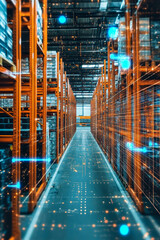 modern warehouse showcasing digital automation and efficiency, featuring organized shelving and advanced technology. vibrant atmosphere highlights innovation in logistics