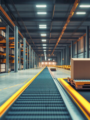 Fototapeta premium modern warehouse featuring advanced digital sorting technology, showcasing spacious interior with conveyor belts and pallets. efficient layout enhances logistics operations