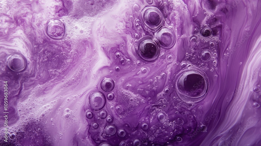 Poster monochromatic violet waves and bubbles create a fluid art effect showcasing a marbled background or 