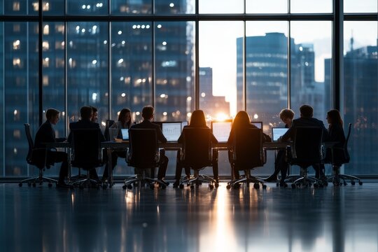 A team of executives in strategic conference, backed by a stunning city skyline view that underscores their pursuit of growth, innovation, and corporate success.